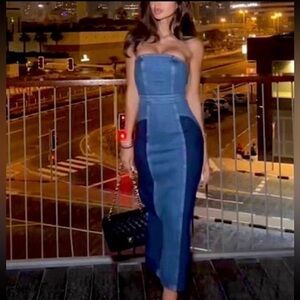 Zara The Contrast denim midi Dress XS NWT